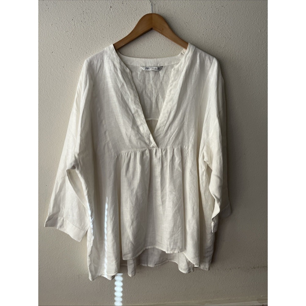 Zara Cream Linen Tunic  Top US L Collarless V Neck 3/4 Sleeve Lagenlook Beachy